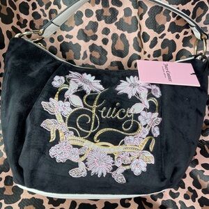Juicy Couture Black Hobo Bag with Pink Floral Embroidery
